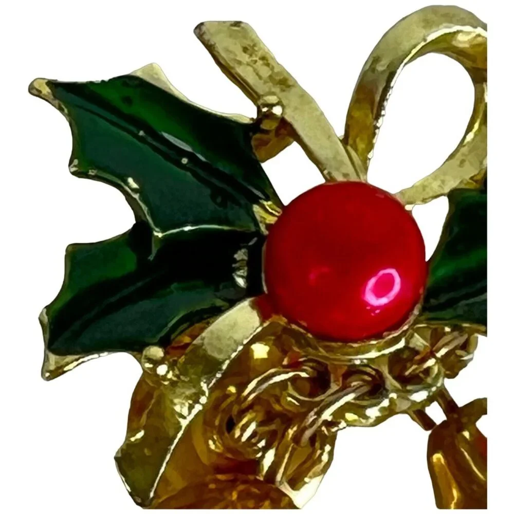 Christmas Brooch Holly Berry 3 Bells Gold‎ Tone Green Enamel Jewelry Pin Vintage